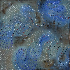 "ATCG 5", abstract, dots, green, blue, ochre, red, gold, mixed media, painting
