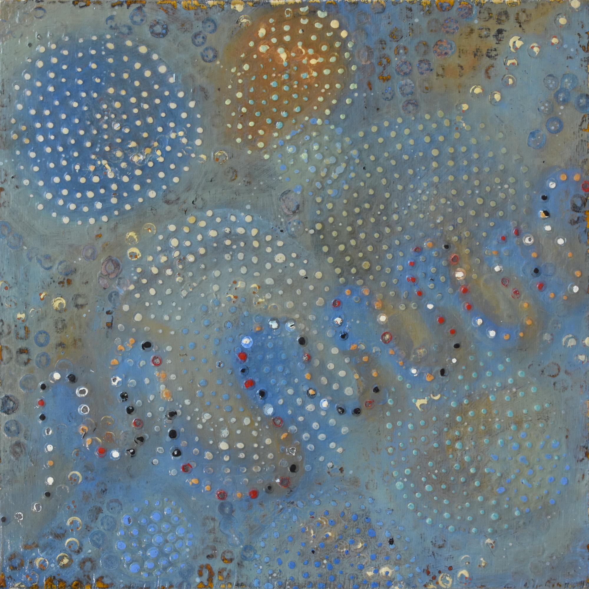 Denise Driscoll Abstract Painting - "ATCG 6", abstract, dots, green, blue, ochre, red, gold, mixed media, painting