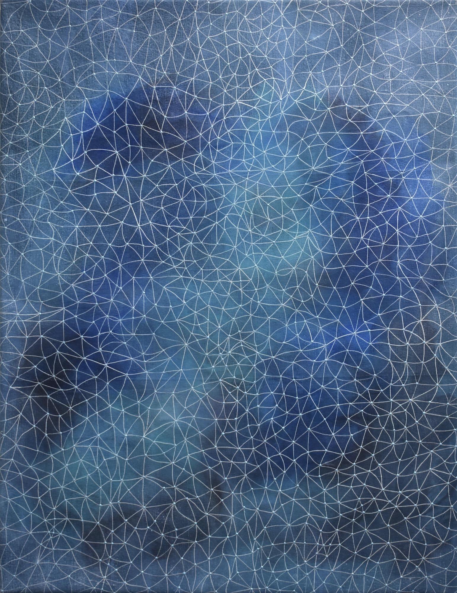 "Breath", abstract, textured, blues, net, white, lines, acrylic painting - Painting by Denise Driscoll