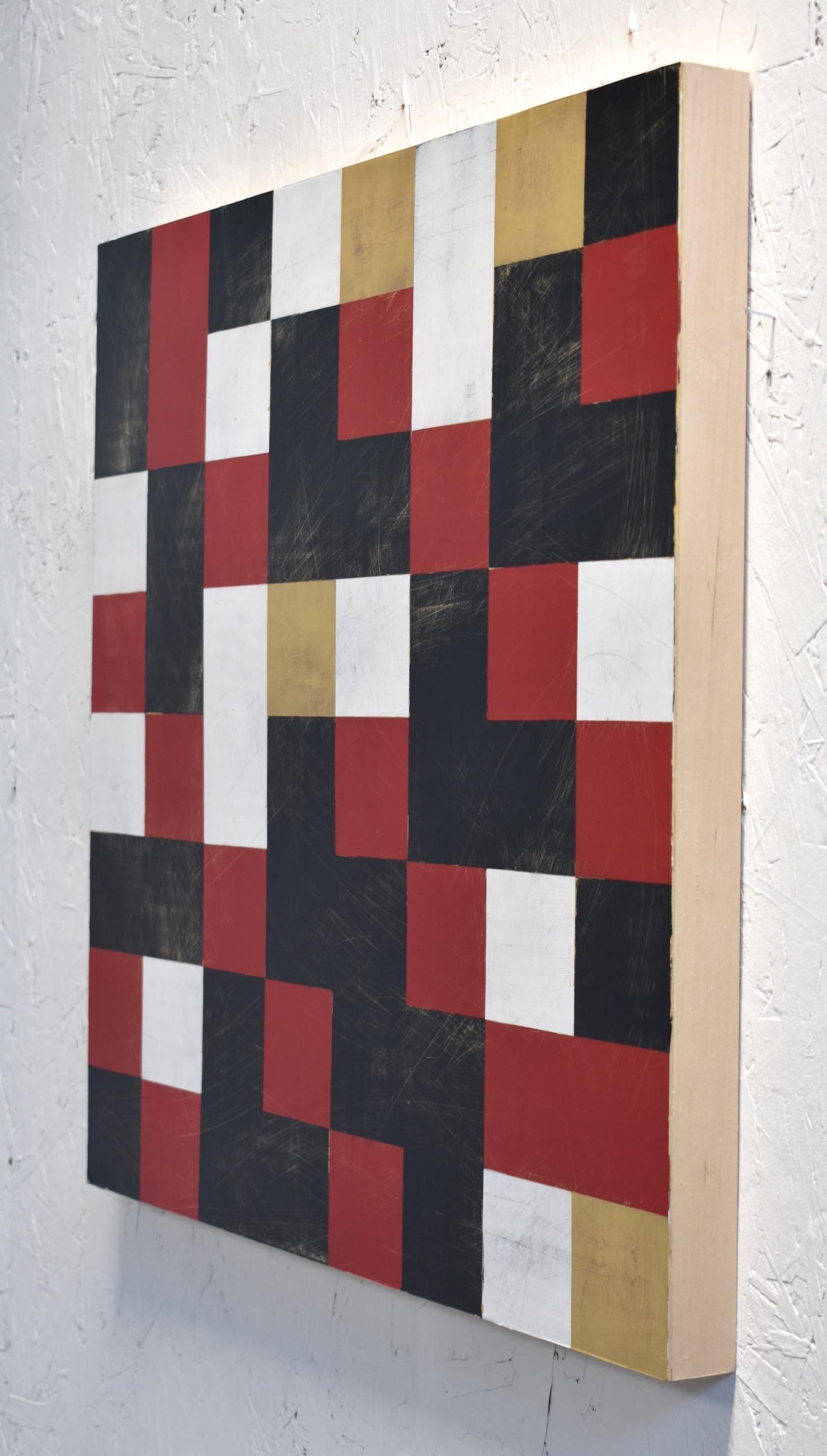 „Cipher Nine (Sense)“, abstraktes, geometrisches Gemälde, rot, schwarz, weiß, abstrakt (Geometrische Abstraktion), Painting, von Denise Driscoll