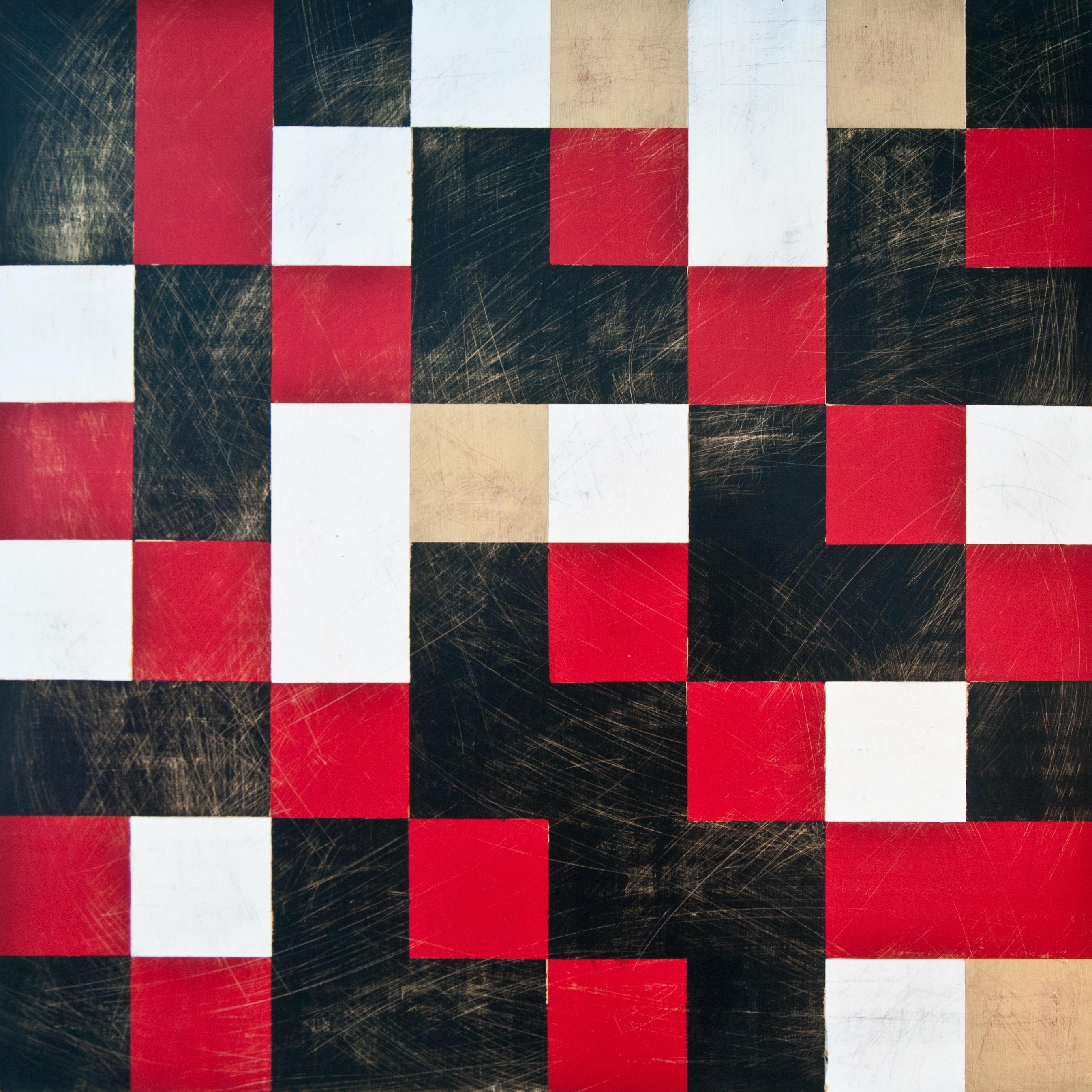 "Cipher Nine (Sense)", abstract, geometric, red, black, white, abstract painting - Painting by Denise Driscoll