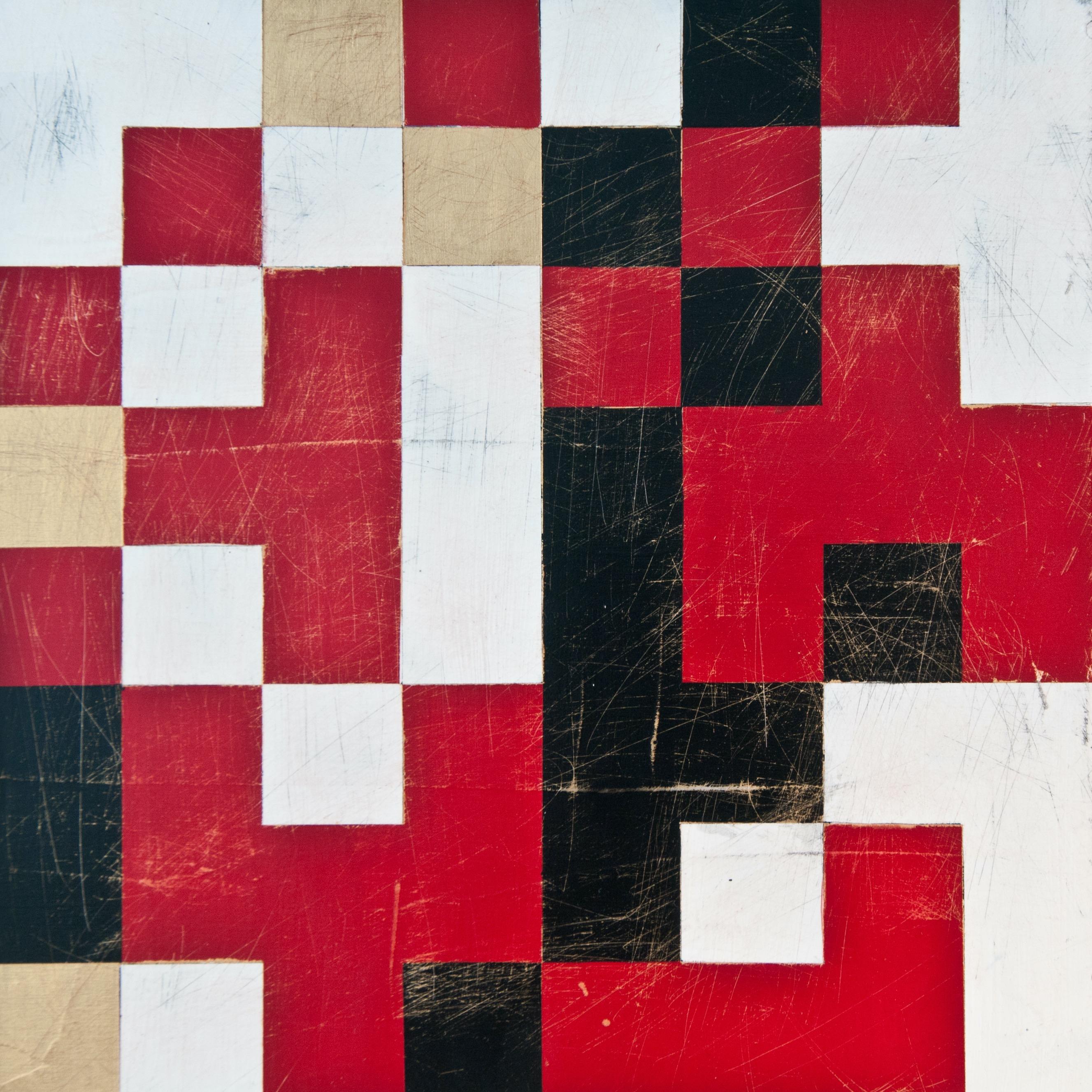 "Cipher Six (Sense)", abstract, geometric, red, black, white, acrylic painting - Painting by Denise Driscoll