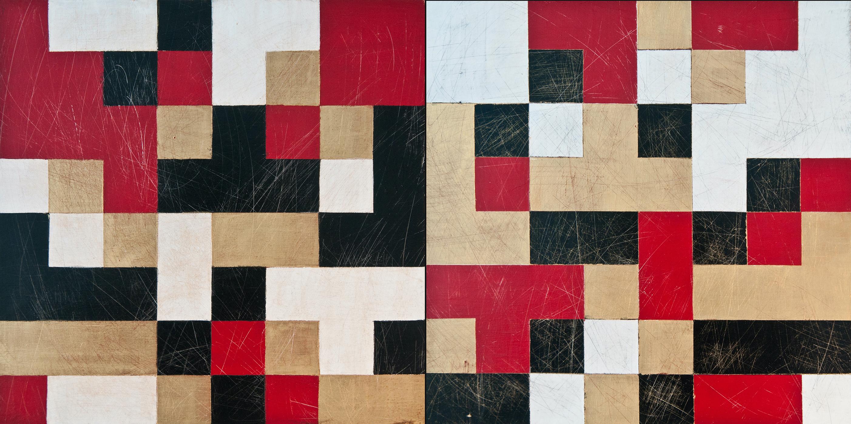 "Cipher Twenty (Sense + Antisense)", abstract, geometric, red, acrylic painting - Painting by Denise Driscoll