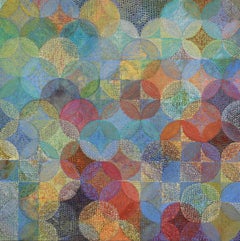 "Circles 3", abstract, acrylic painting, squares, magenta, gold, teal, coral
