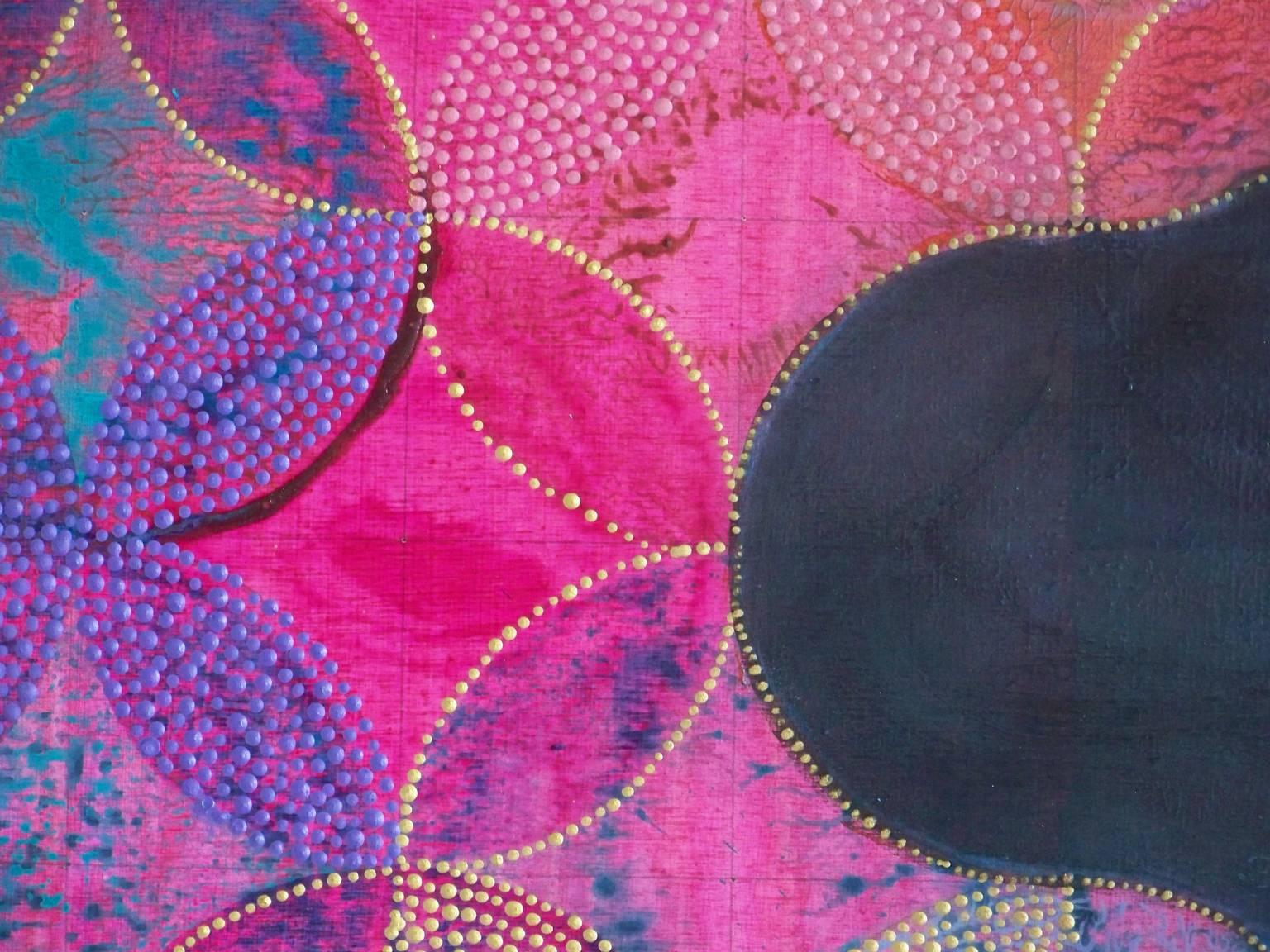 „Circles 34“, abstraktes, geometrisches, magentafarbenes, orangefarbenes, tealfarbenes Acrylgemälde (Abstrakt), Painting, von Denise Driscoll