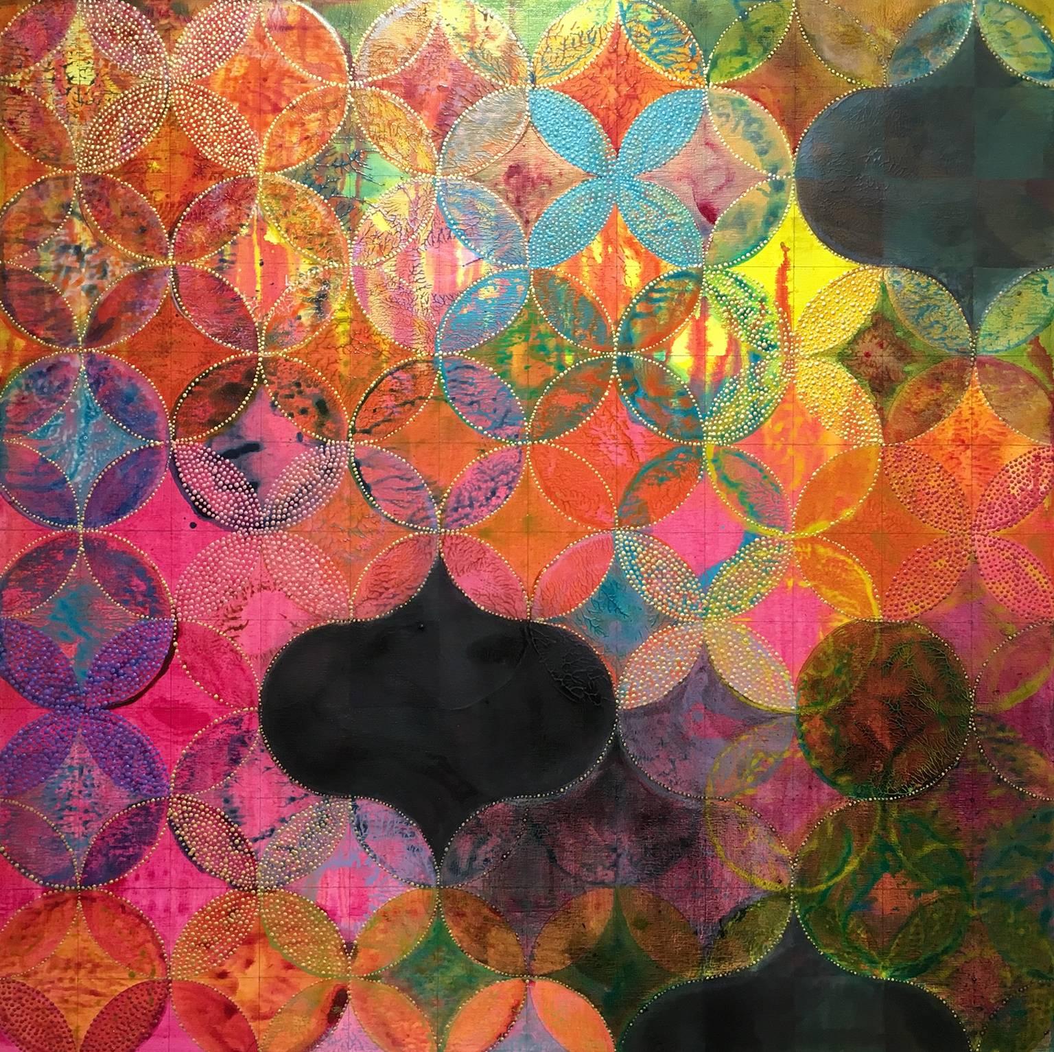 „Circles 34“, abstraktes, geometrisches, magentafarbenes, orangefarbenes, tealfarbenes Acrylgemälde – Painting von Denise Driscoll