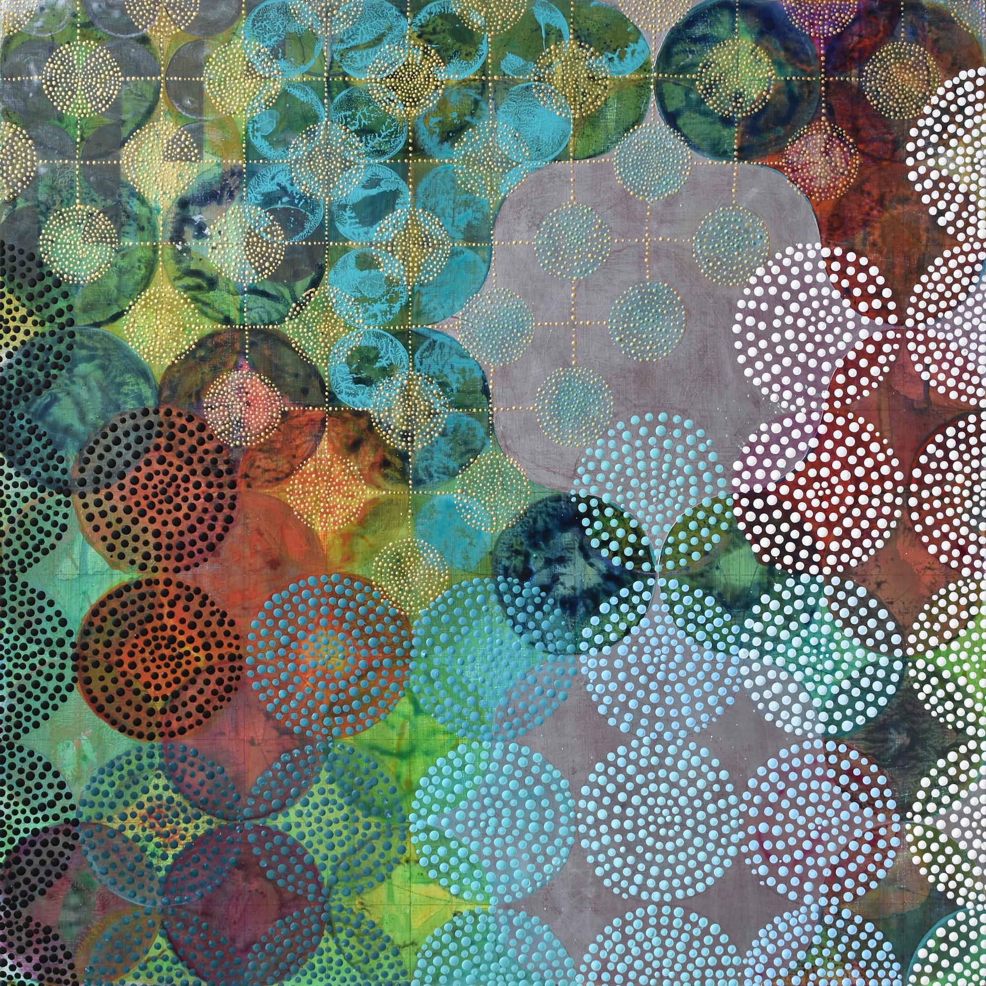 "Circles 35", abstract, geometric, turquoise, green, orange, acrylic painting - Painting by Denise Driscoll