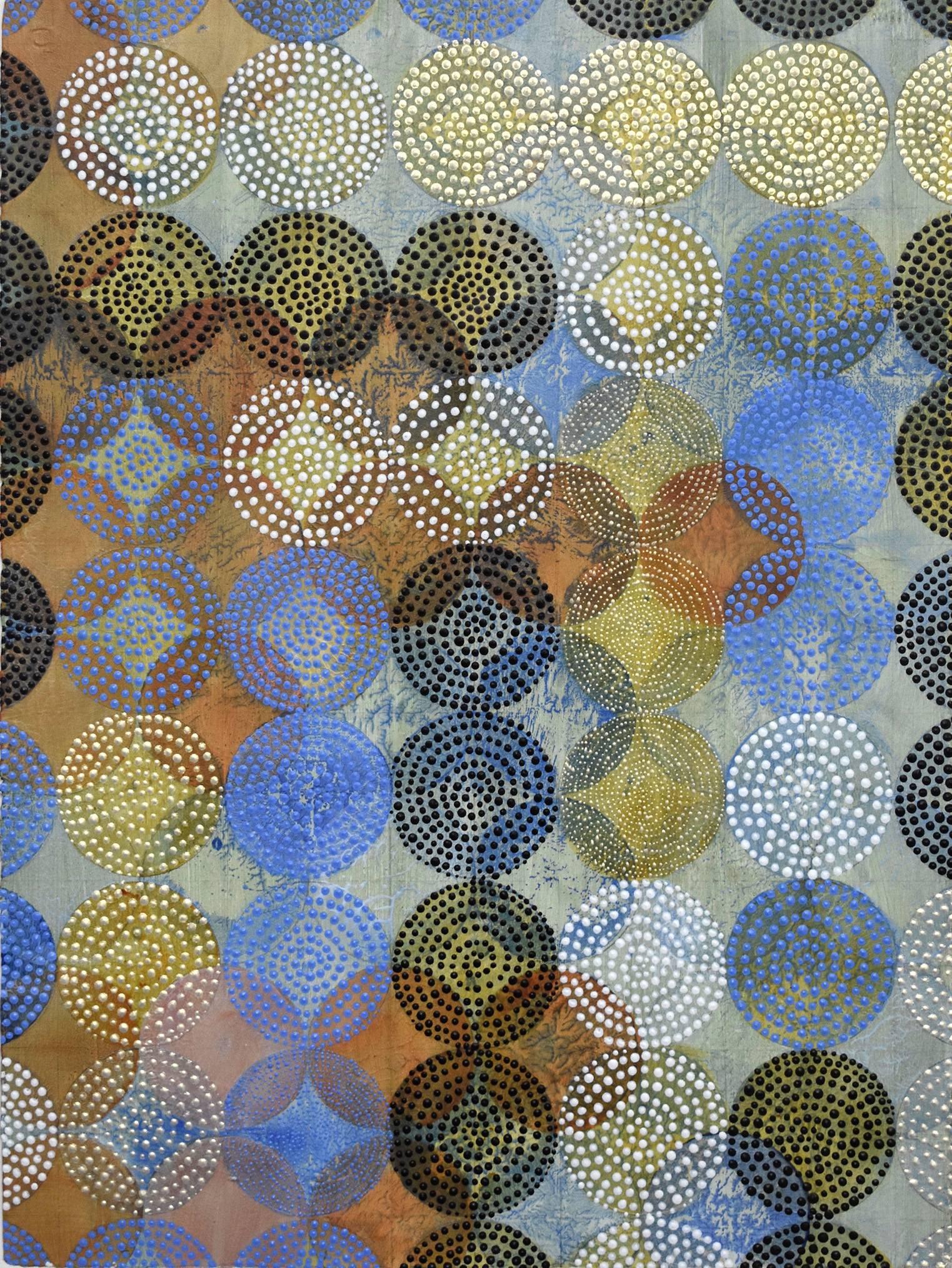 Denise Driscoll Abstract Painting - "Circles 5", abstract, acrylic painting, green, blues, gold, white, dots