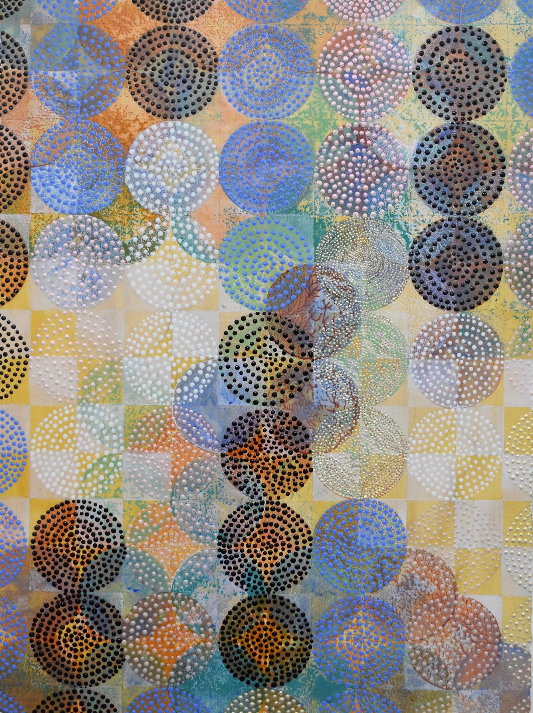 Denise Driscoll Abstract Painting - "Circles 7", abstract, acrylic painting, squares, yellows, greens, blues, dots