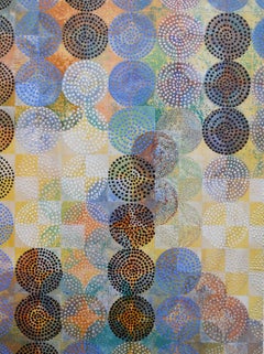 "Circles 7", abstract, acrylic painting, squares, yellows, greens, blues, dots