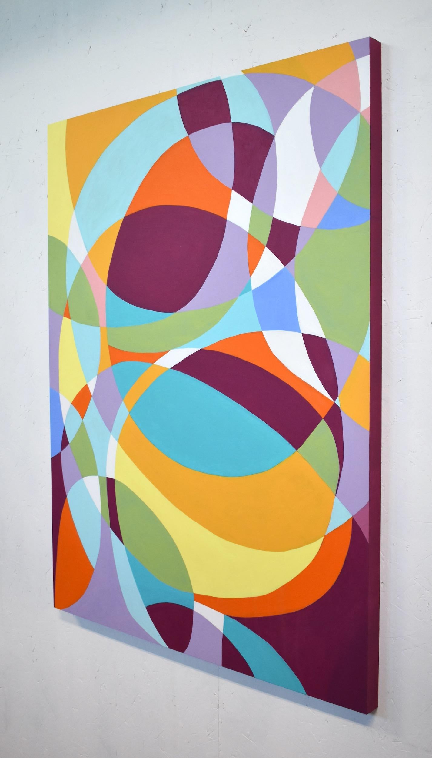 Denise Driscoll’s “Confluence 2” is a 48 x 36 inch abstract painting of swooping overlapping ovals in brightly saturated color including teal, goldenrod, violet and green with accents of deep cranberry and a rich matte surface. The sides are also a