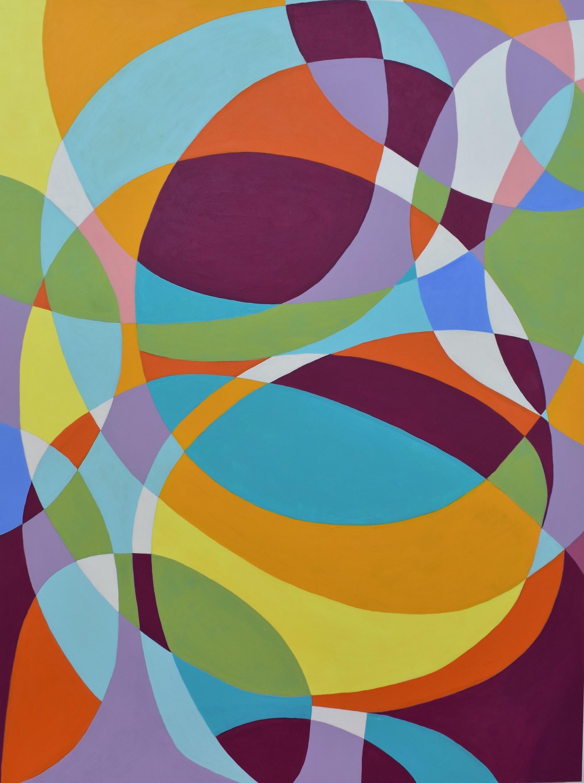 "Confluence 2", abstrait, ovales, sarcelle, violet, vert, peinture acrylique. - Painting de Denise Driscoll