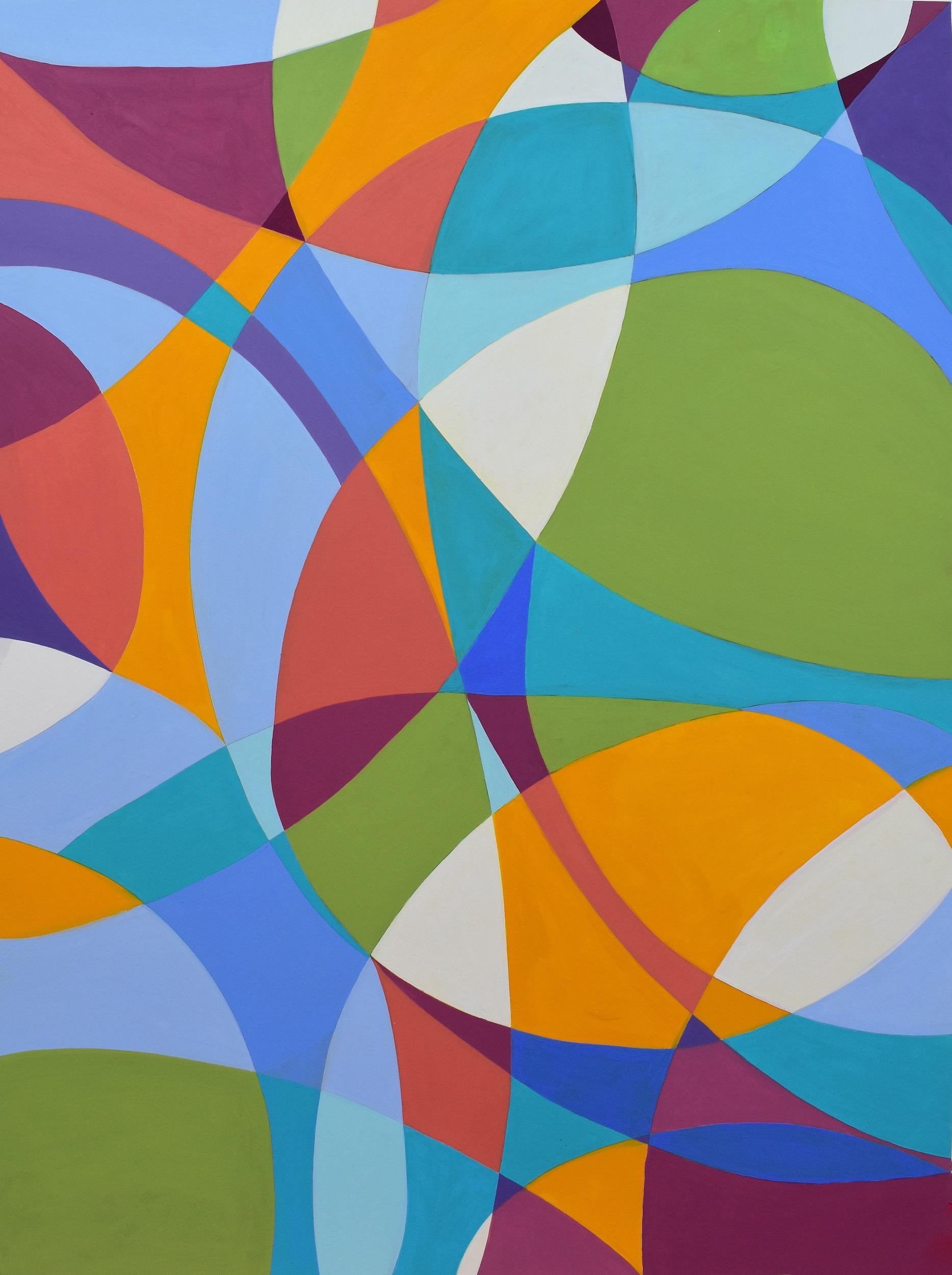 "Confluence 3", abstract, ovals, teal, violet, green, acrylic painting - Painting by Denise Driscoll