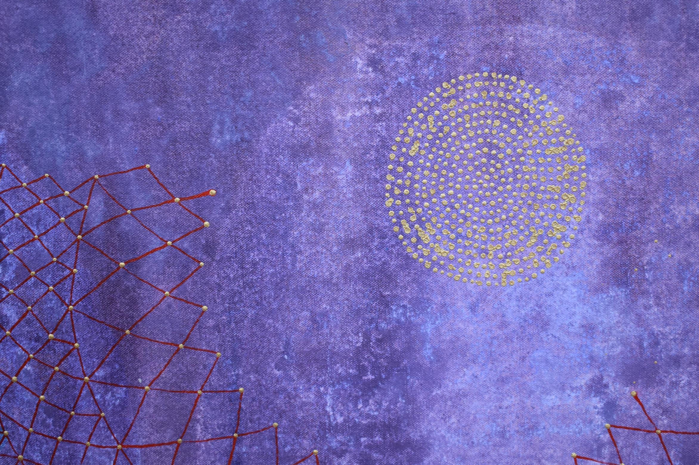 „Emanate“, abstrakt, strukturiert, lila, blau, rot, gold, Punkte, Acrylgemälde – Painting von Denise Driscoll