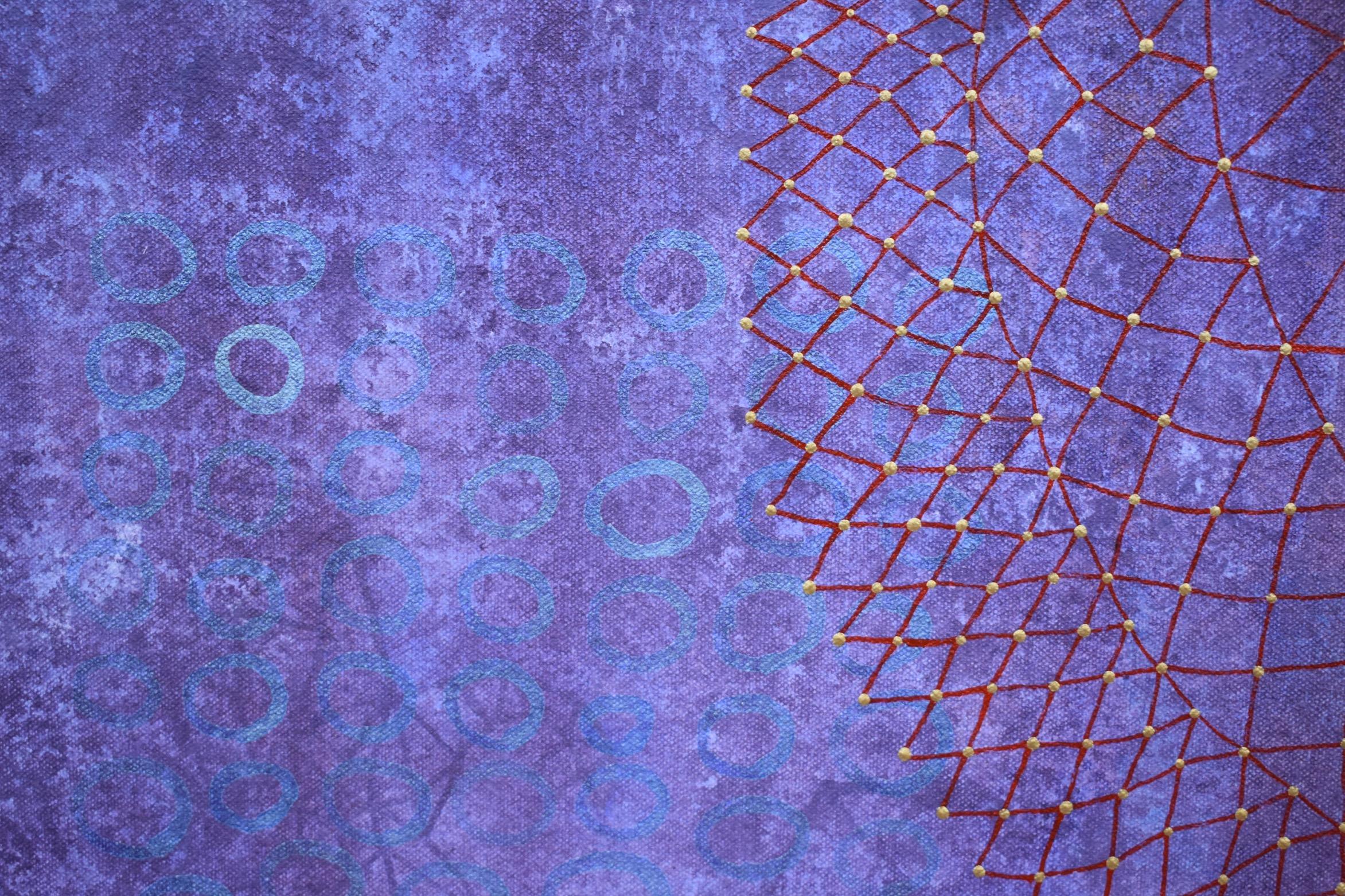 „Emanate“, abstrakt, strukturiert, lila, blau, rot, gold, Punkte, Acrylgemälde (Abstrakt), Painting, von Denise Driscoll