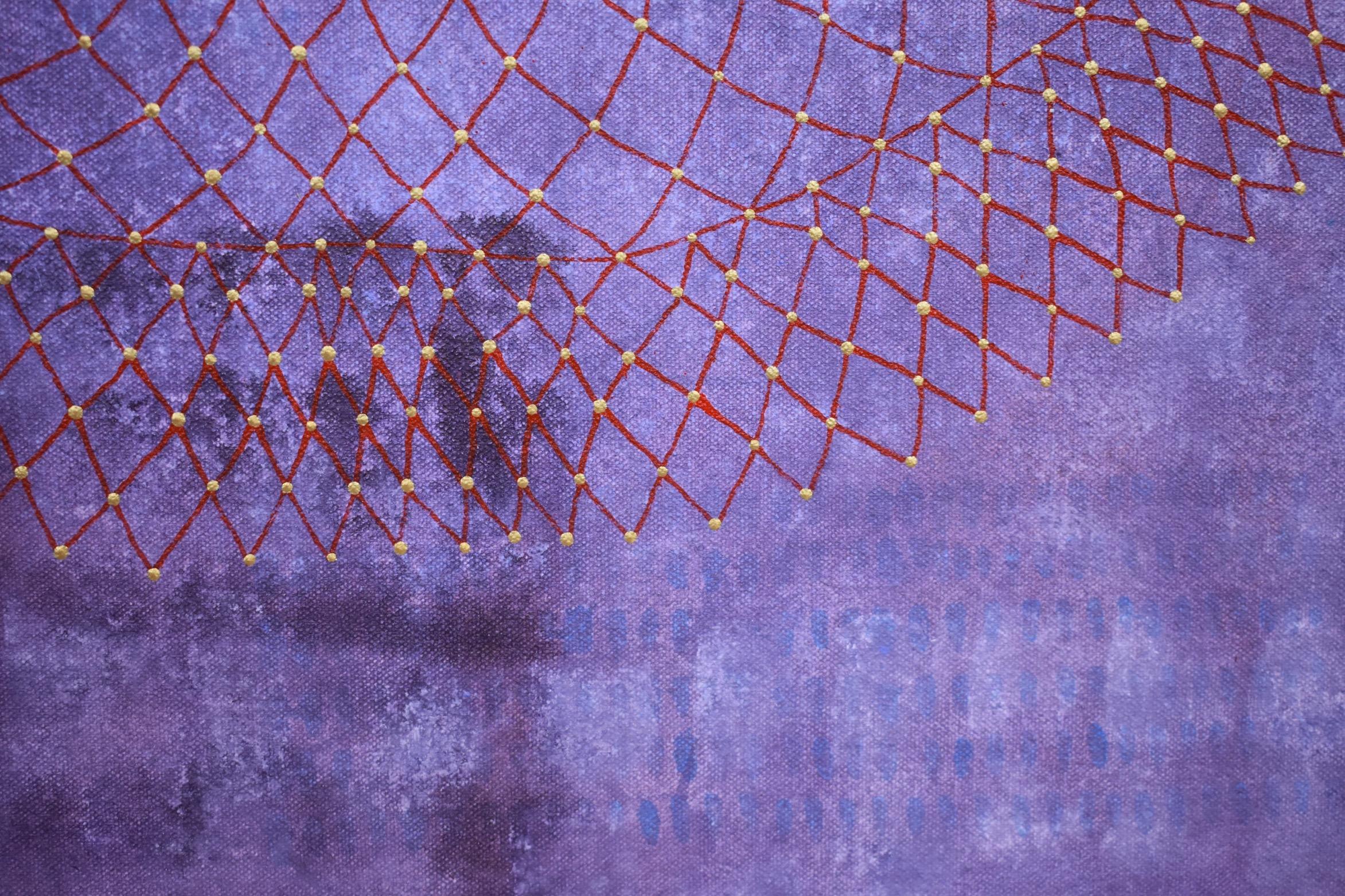„Emanate“, abstrakt, strukturiert, lila, blau, rot, gold, Punkte, Acrylgemälde (Grau), Abstract Painting, von Denise Driscoll