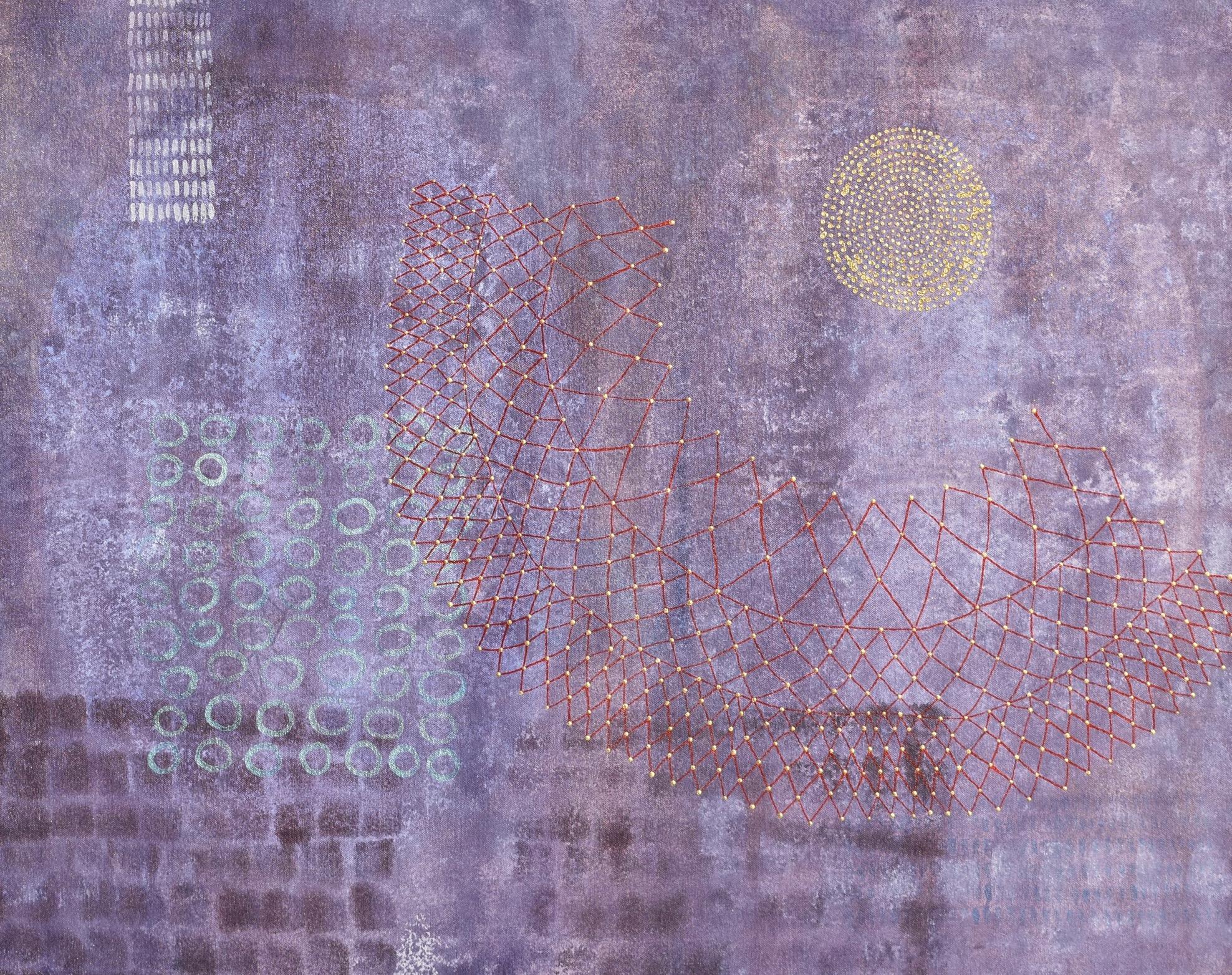 Denise Driscoll Abstract Painting - "Emanate", abstract, textured, purples, blues, red, gold, dots, acrylic painting