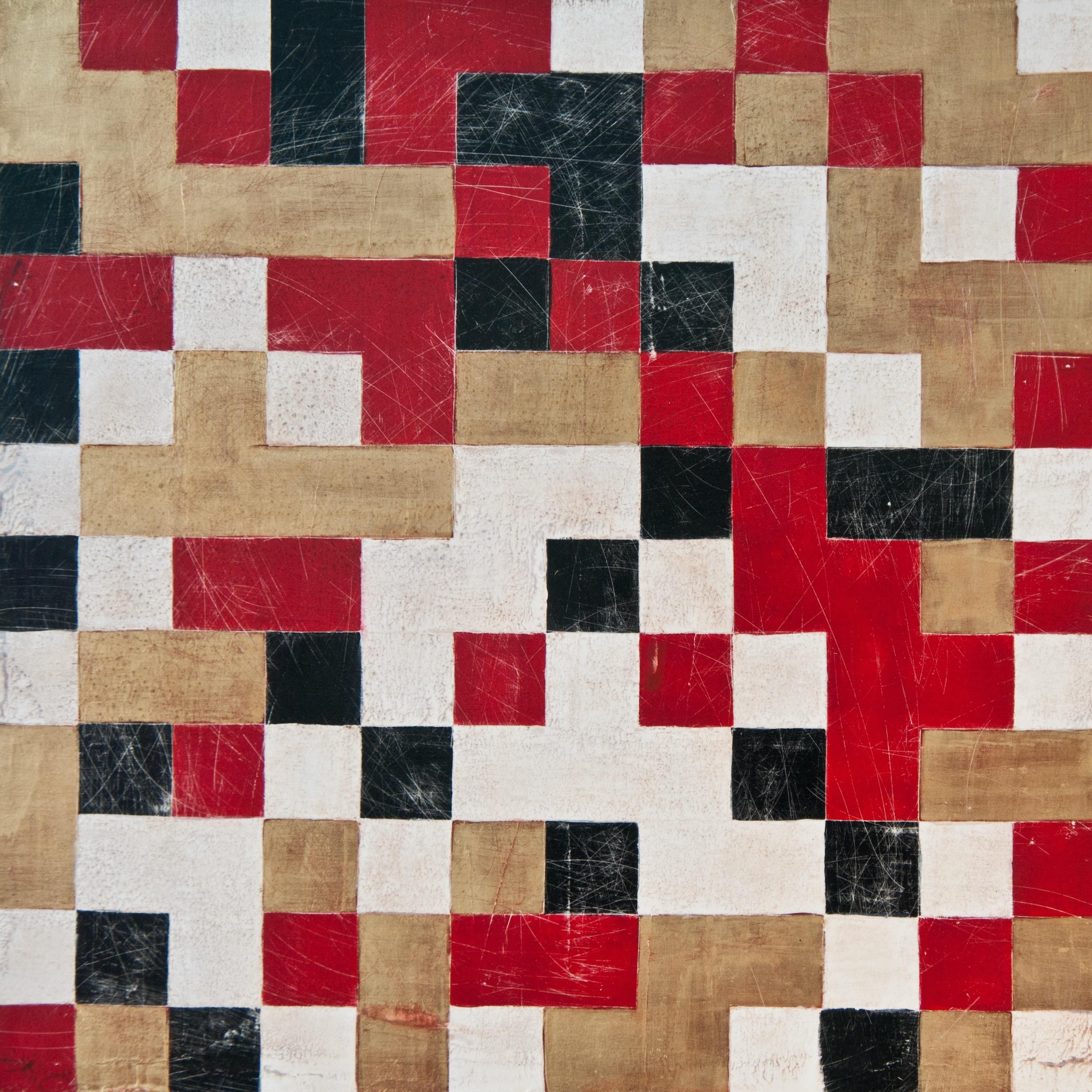 Denise Driscoll Abstract Painting - "Encoded 3", abstract, geometric, red, black, gold, white, acrylic painting
