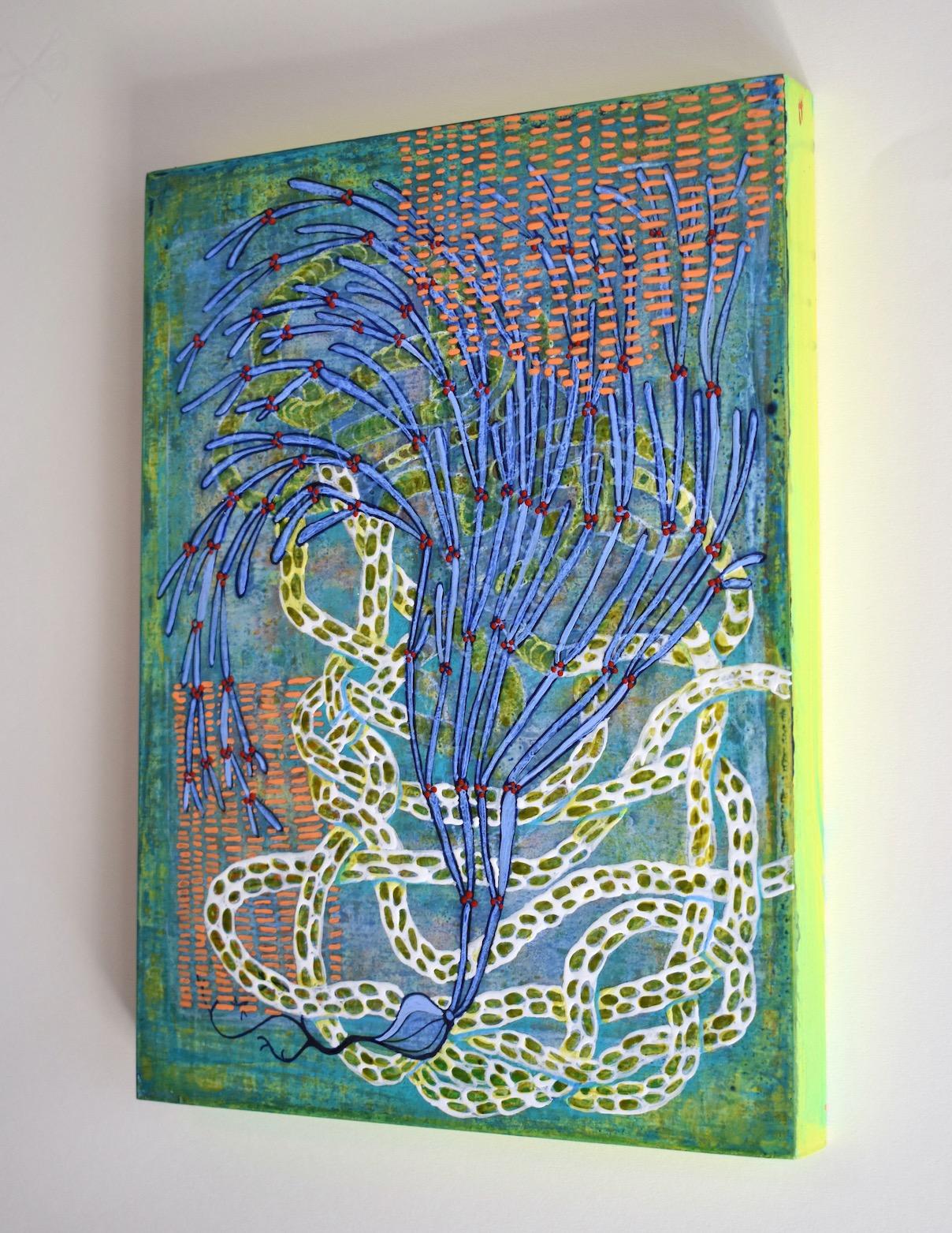 „Exponential 1“, abstrakt, strukturiert, blau, teal, orange, rot, Acryl, Gemälde (Grau), Abstract Painting, von Denise Driscoll