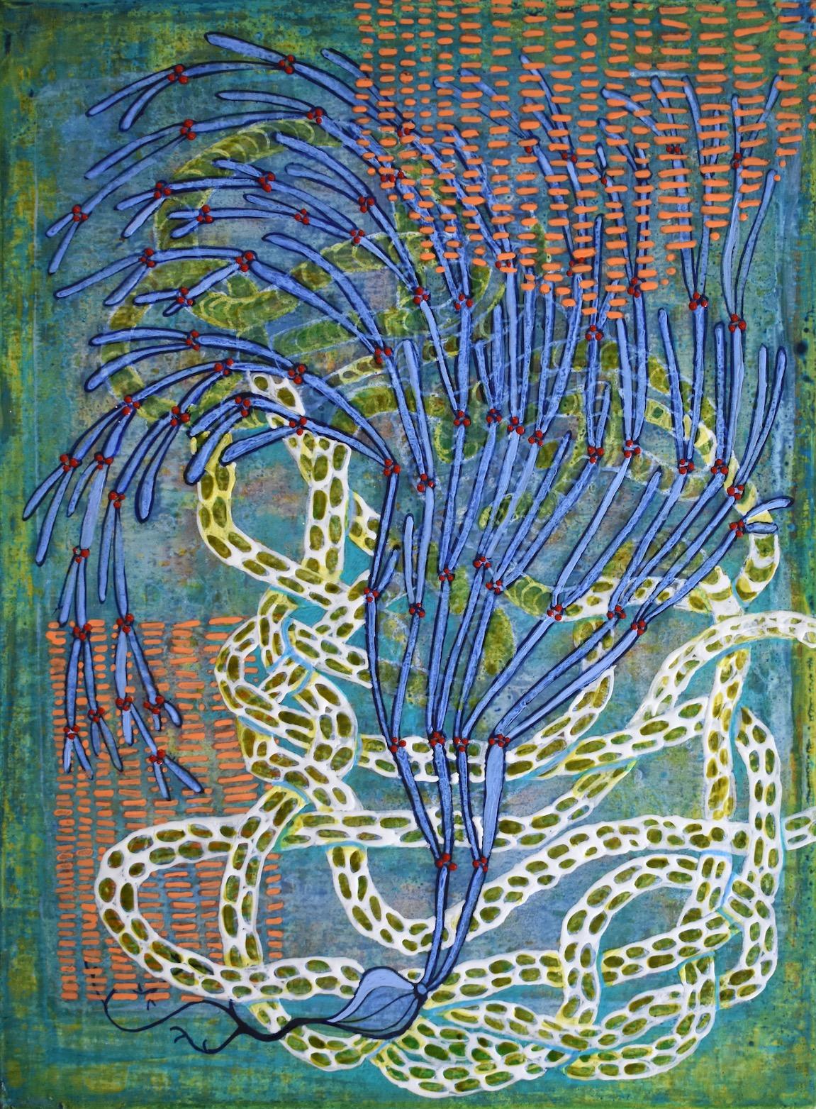 Denise Driscoll Abstract Painting – „Exponential 1“, abstrakt, strukturiert, blau, teal, orange, rot, Acryl, Gemälde