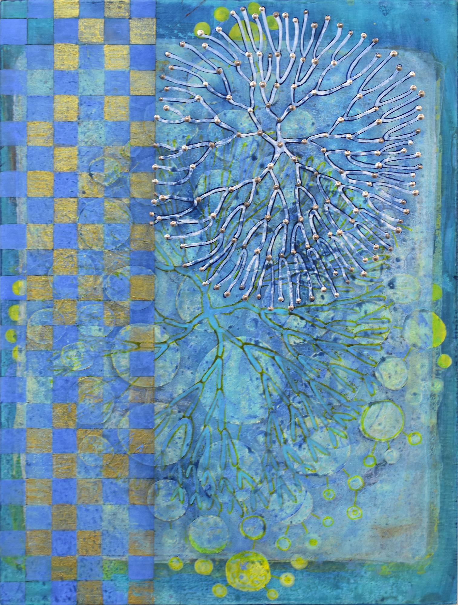 "Exponential 10", acrylic, painting, abstract, blue, gold, silver - Painting by Denise Driscoll