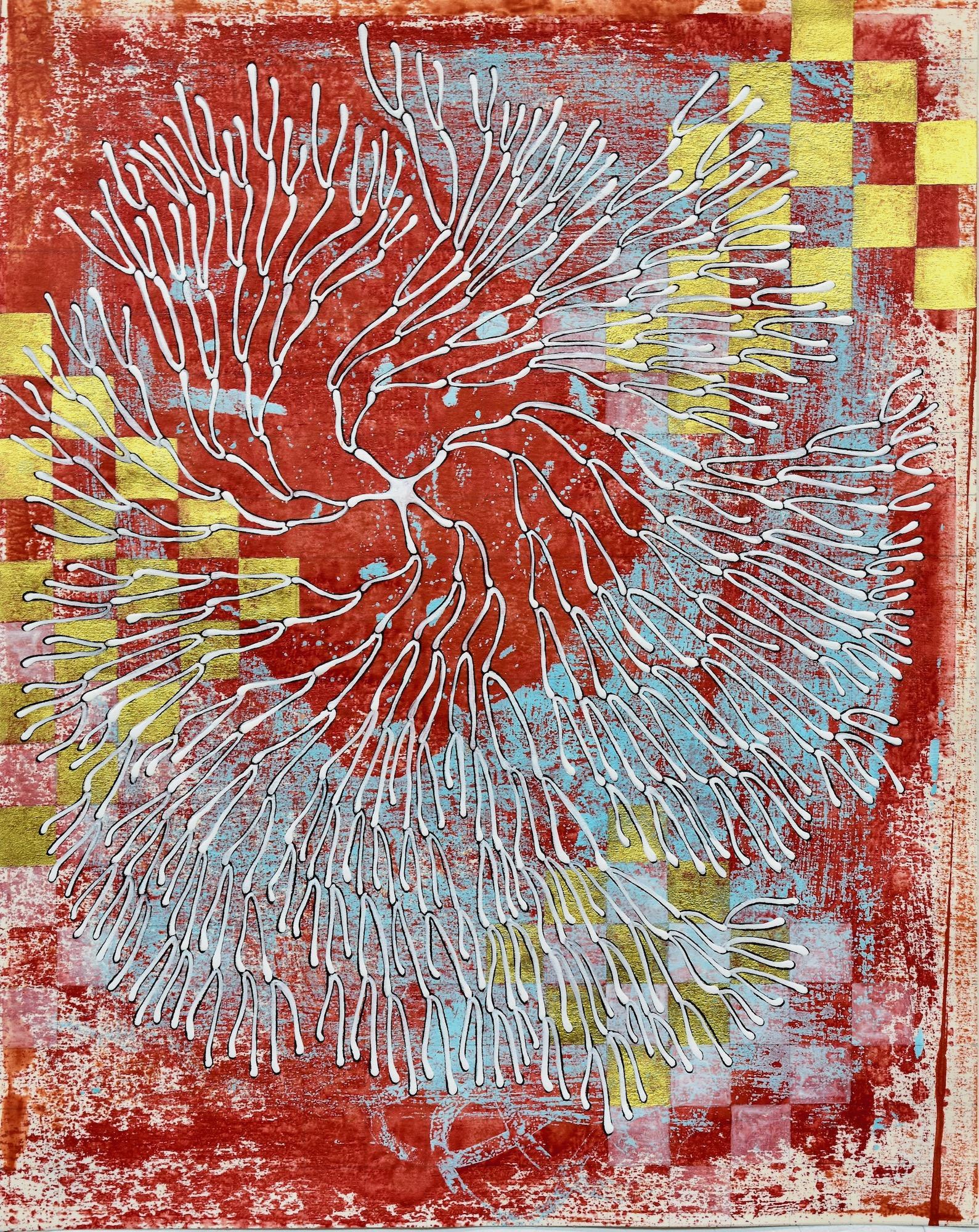 "Exponential 21", abstract, mixed media, painting, teal, red, metallic gold - Mixed Media Art by Denise Driscoll