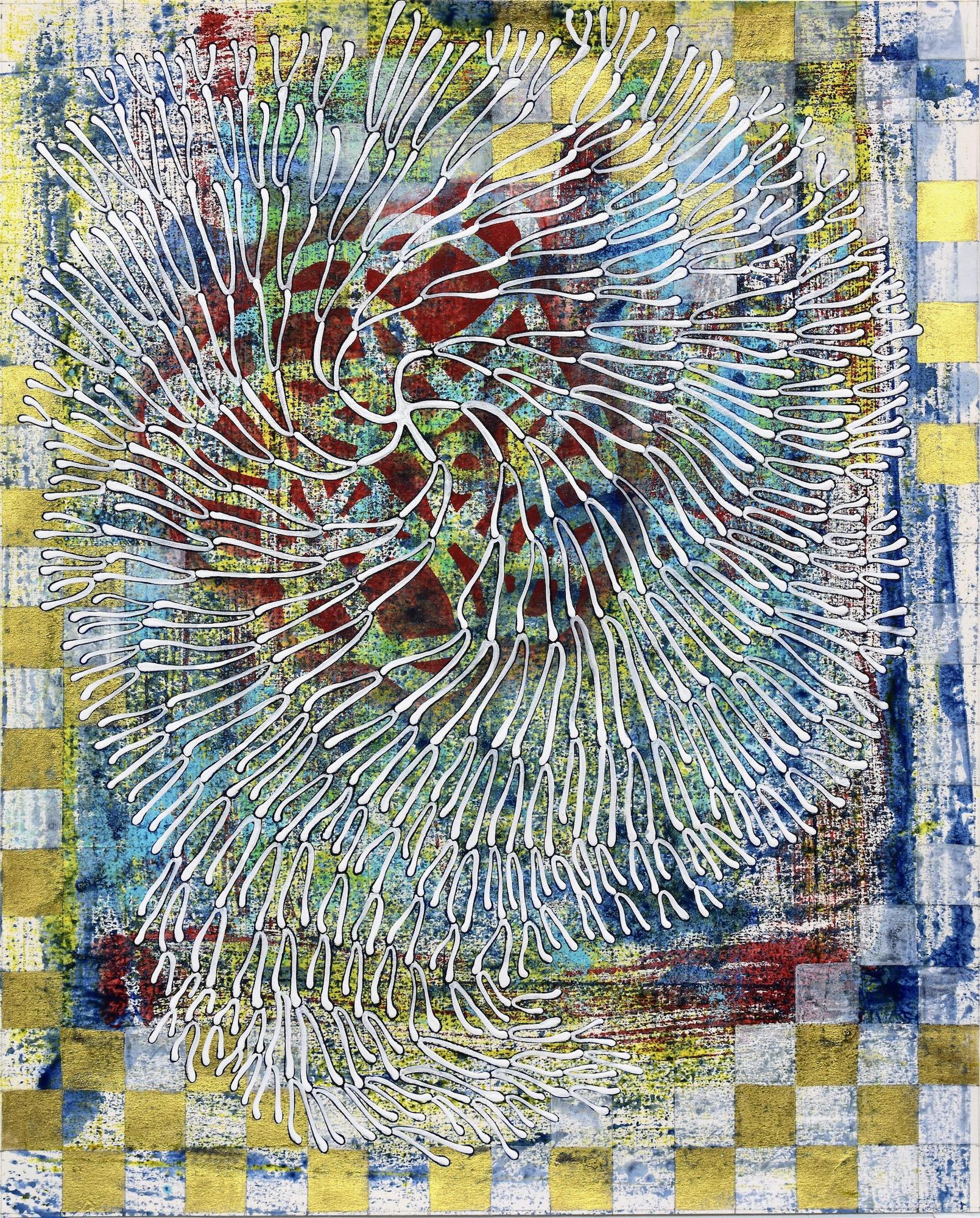 "Exponential 22", abstract, painting, red, indigo, white, gold, mixed media - Mixed Media Art by Denise Driscoll