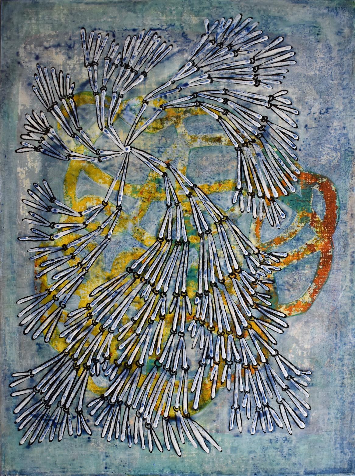 "Exponential 4", abstract, blue, white, yellow, rust, acrylic painting - Painting by Denise Driscoll