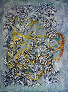 „Exponential 4“, abstraktes, blaues, weißes, gelbes, rostfarbenes Acrylgemälde