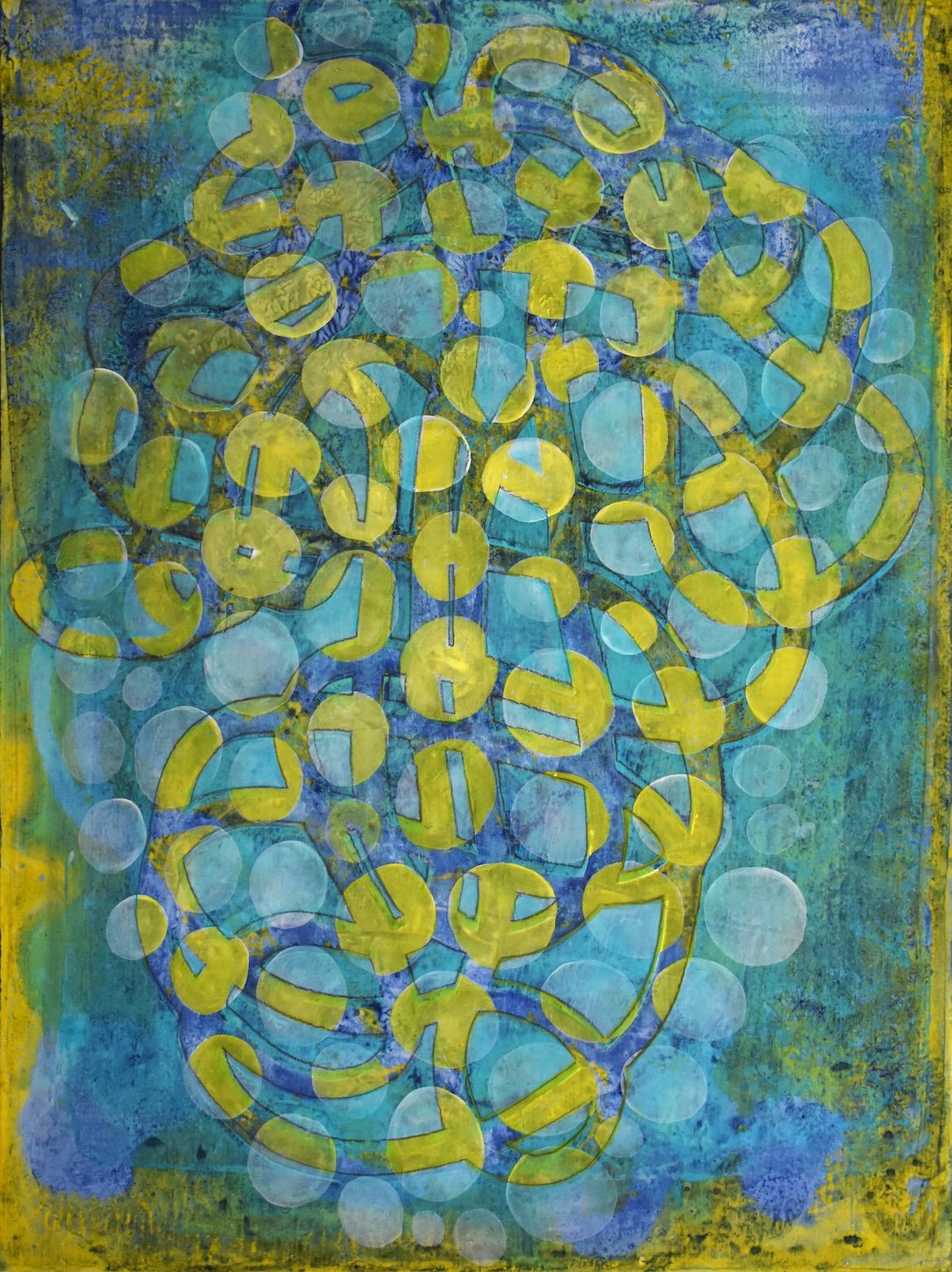 "Exponential 5", abstract, acrylic, painting, green, teal, blue, yellow - Painting by Denise Driscoll