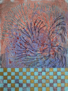 "Exponential 7", abstract, acrylic, painting, red, teal, blue, gold