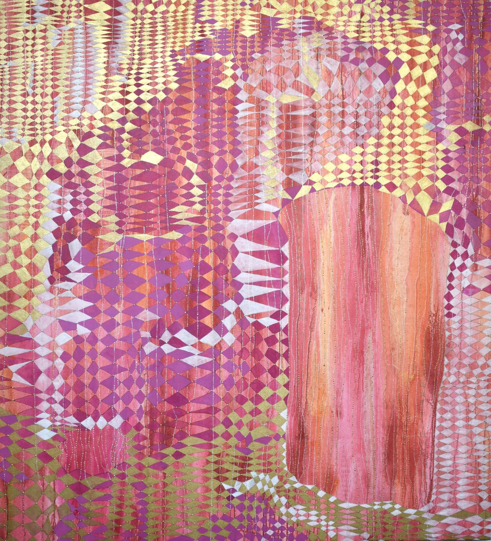 "Glimpse", abstract, acrylic painting, whimsical, pink, magenta, orange, gold