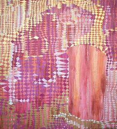 "Glimpse", abstract, whimsical, pink, magenta, orange, gold, acrylic painting