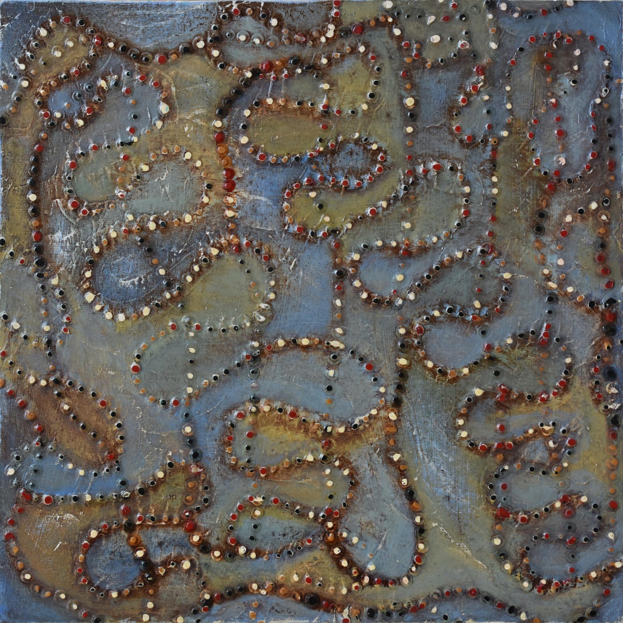 "Indra's Web 1", abstract, green, blue, ochre, dots, mixed media, painting - Painting by Denise Driscoll