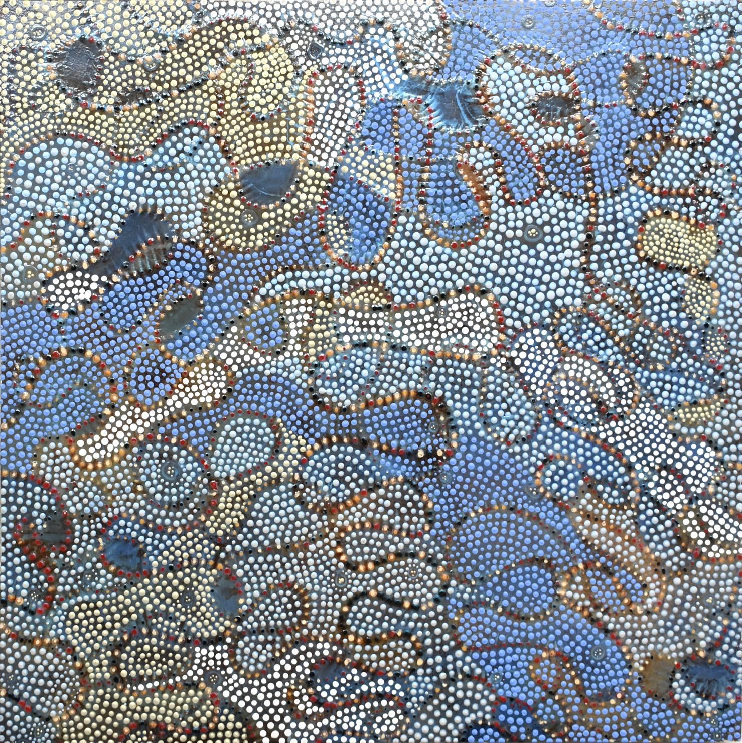 "Indra's Web 2", acrylic painting, abstract, white, blue, gold, black, dots - Painting by Denise Driscoll
