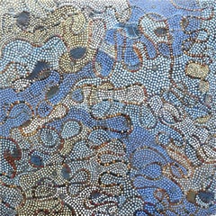 "Indra's Web 2", acrylic painting, abstract, white, blue, gold, black, dots
