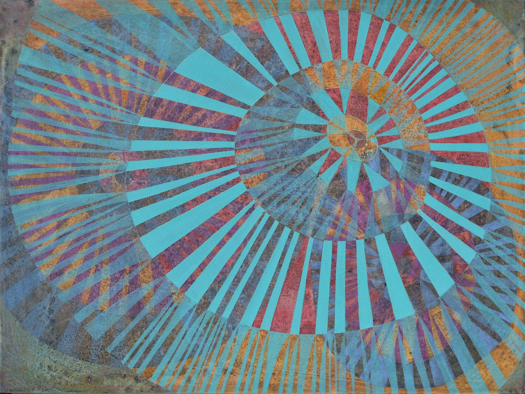 "Influence 3", abstract, teal, blue, ochre, rose, spokes, acrylic painting - Painting by Denise Driscoll