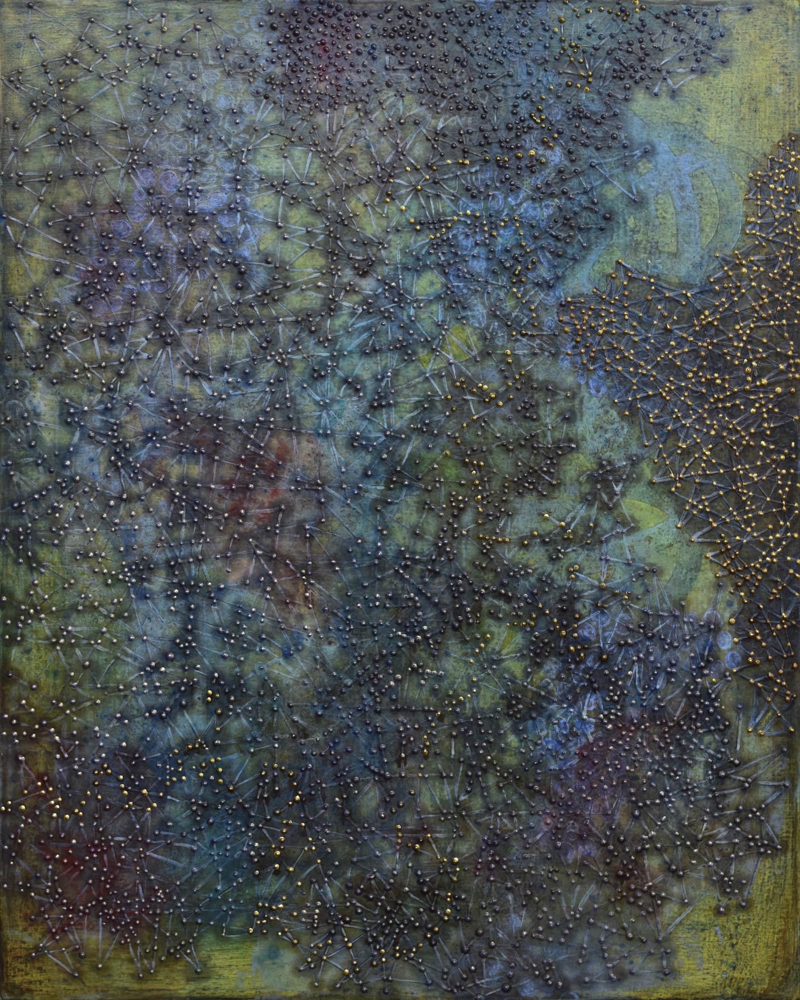 Denise Driscoll Abstract Painting - "Influence 5", abstract, brown, blue, green, red, dots, acrylic painting