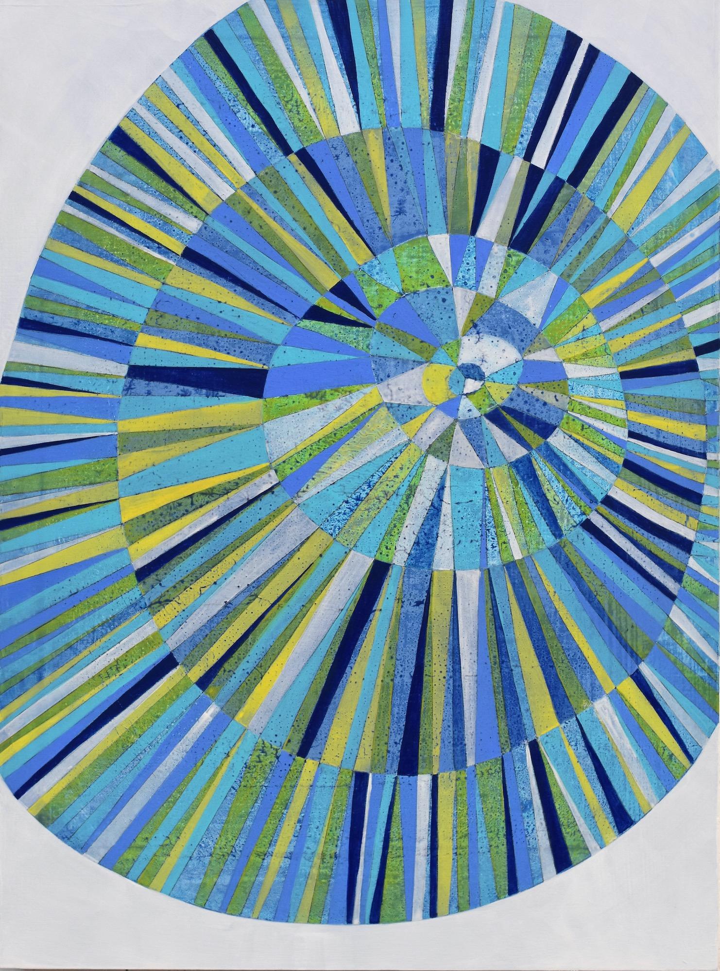 "Influence 6", abstract, teal, blue, yellow, green, spokes, acrylic painting - Painting by Denise Driscoll