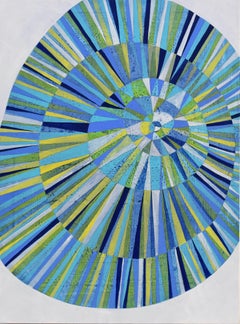 "Influence 6", abstract, teal, blue, yellow, green, spokes, acrylic painting