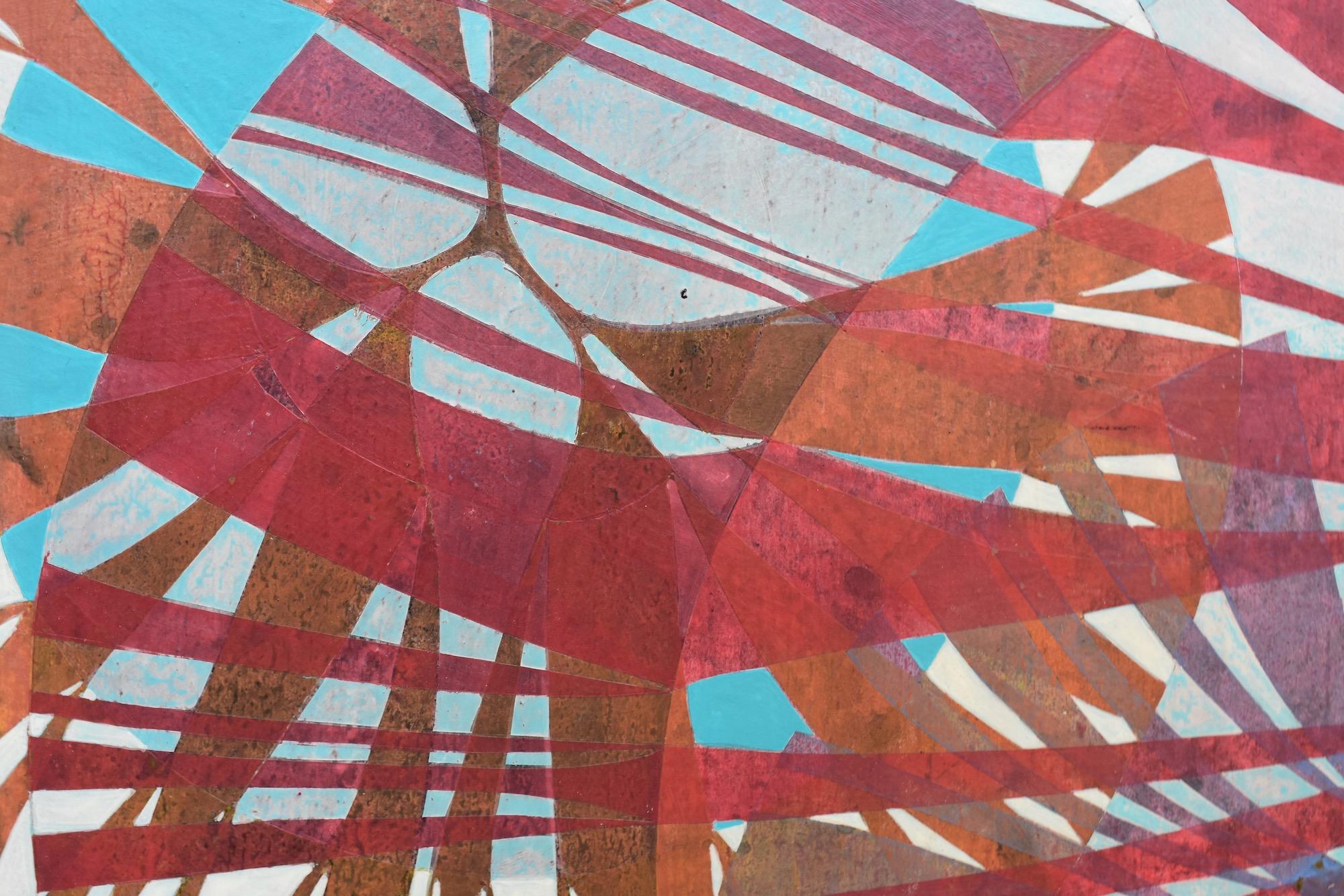 « Influence 7 », abstrait, rouge, bleu, orange, sarcelle, rayons, peinture acrylique - Abstrait Painting par Denise Driscoll