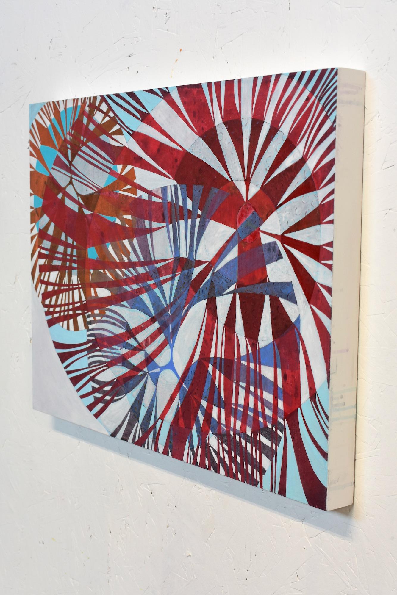 « Influence 7 », abstrait, rouge, bleu, orange, sarcelle, rayons, peinture acrylique en vente 5
