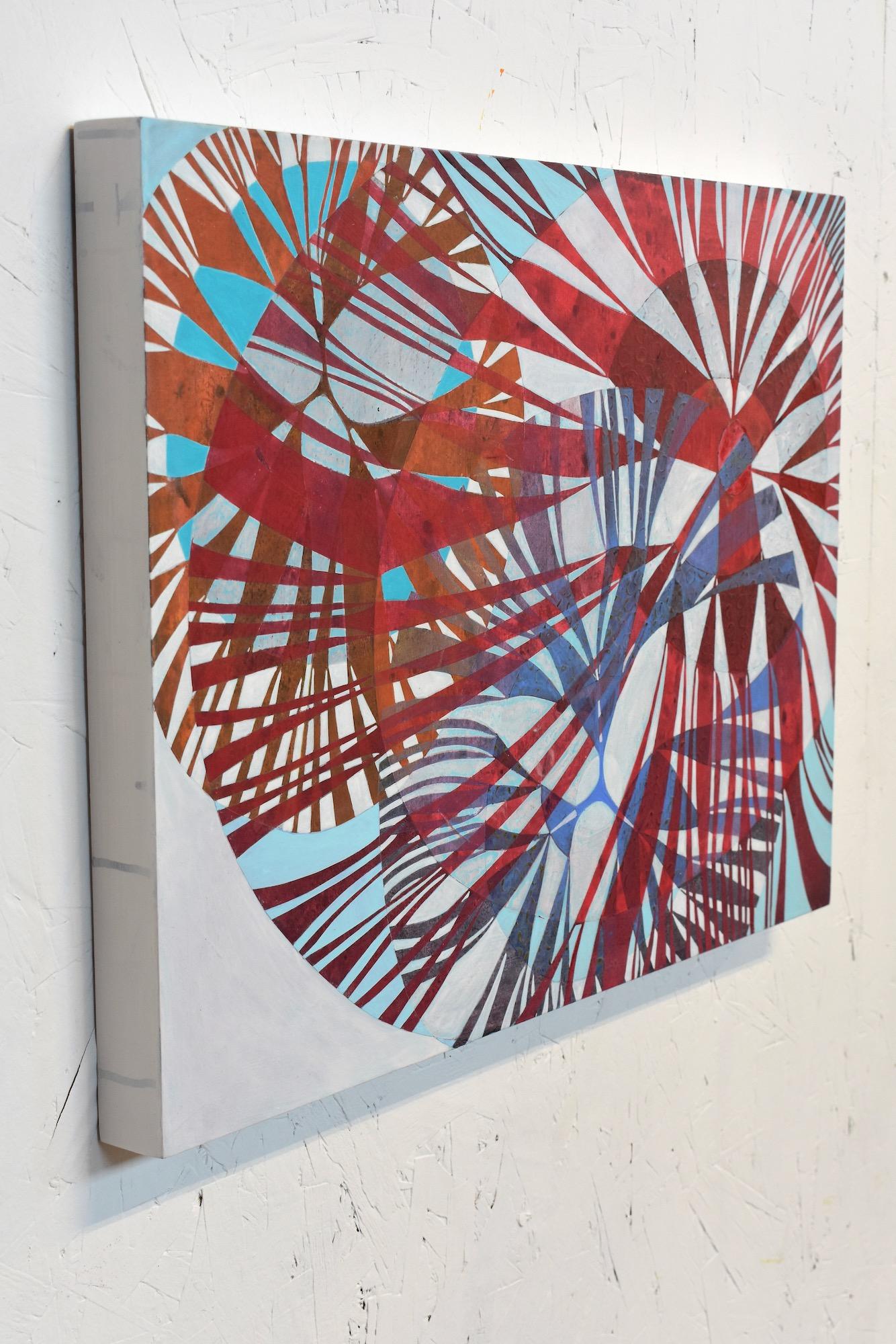 « Influence 7 », abstrait, rouge, bleu, orange, sarcelle, rayons, peinture acrylique en vente 6