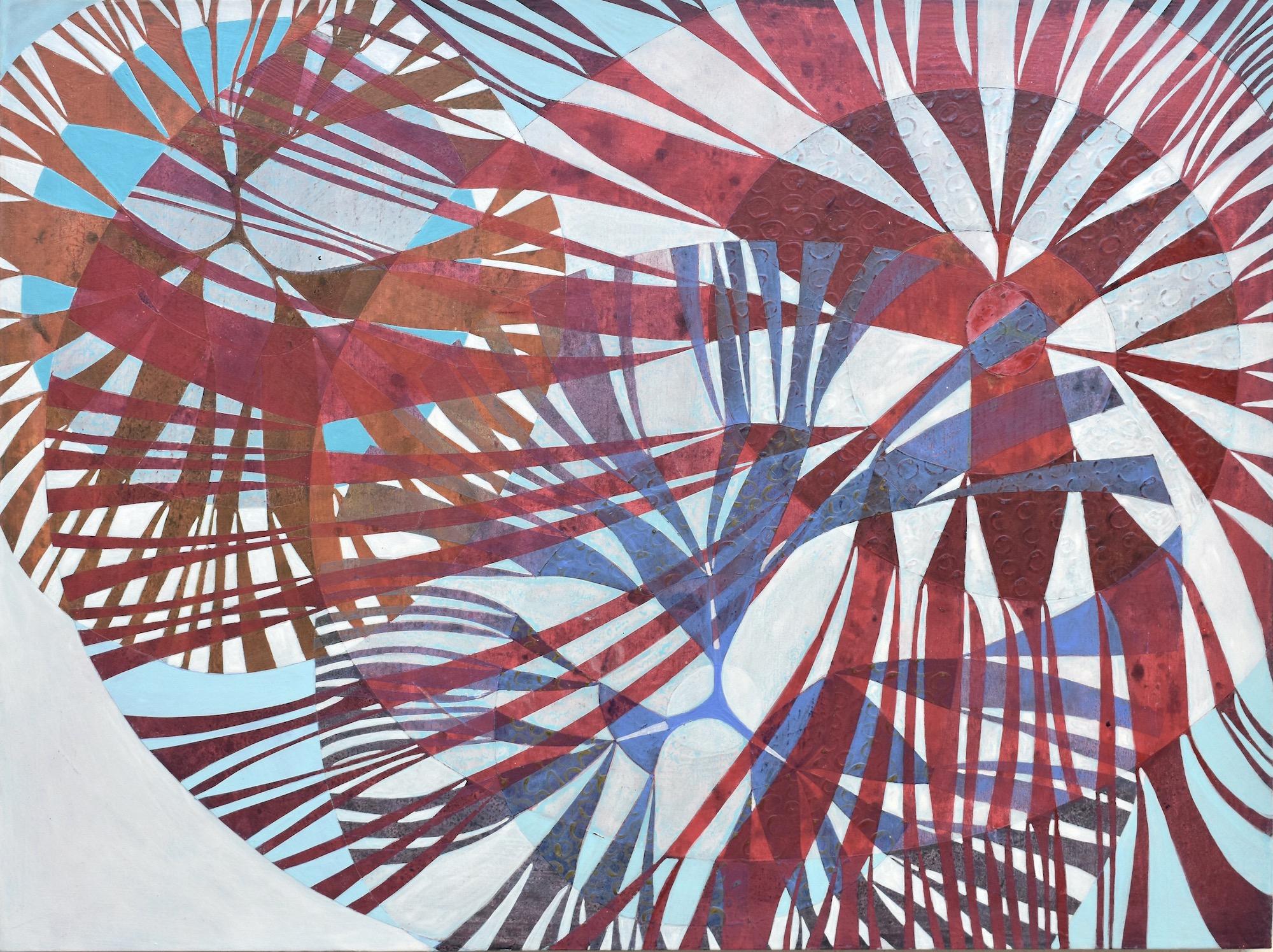 « Influence 7 », abstrait, rouge, bleu, orange, sarcelle, rayons, peinture acrylique - Painting de Denise Driscoll