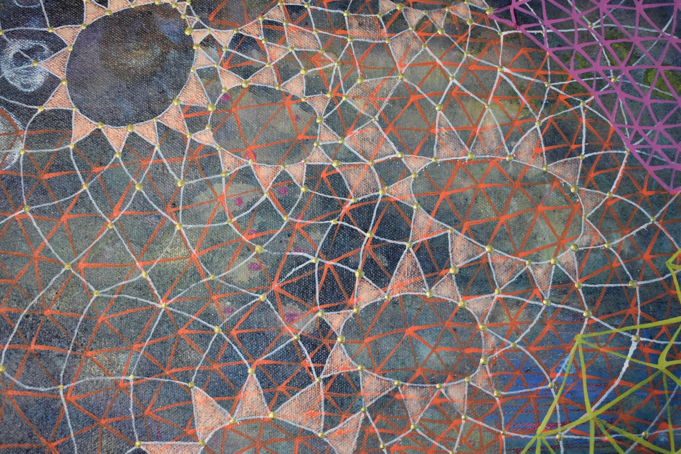 „Influence“, abstrakt, Muster, lila, blau, schwarz, orange, Acrylgemälde (Abstrakt), Painting, von Denise Driscoll