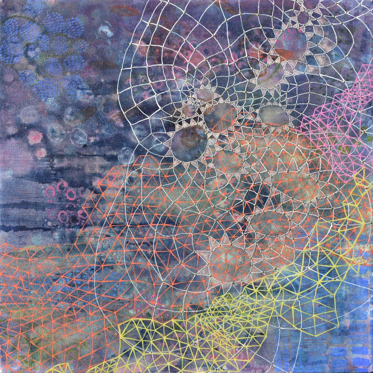 „Influence“, abstrakt, Muster, lila, blau, schwarz, orange, Acrylgemälde – Painting von Denise Driscoll