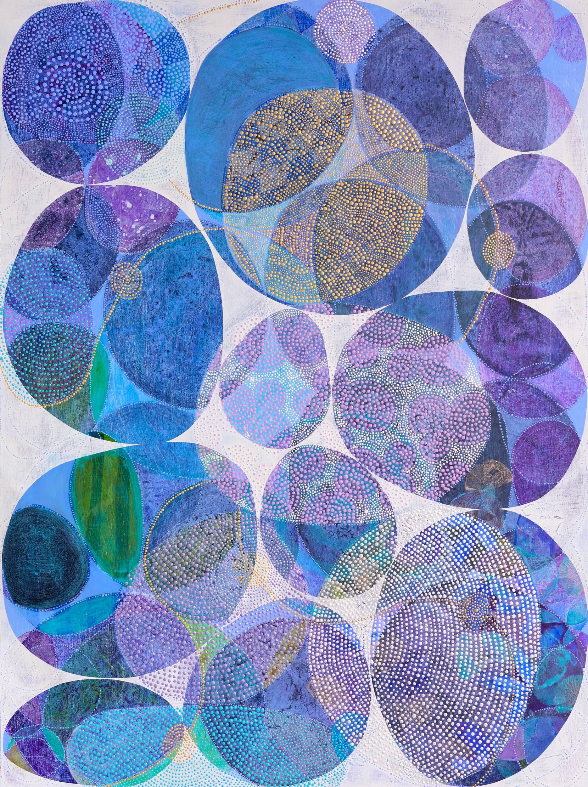 Denise Driscoll Abstract Painting - "Inner Garden 18", abstract, acrylic painting, ovals, purple, blue, teal, gold