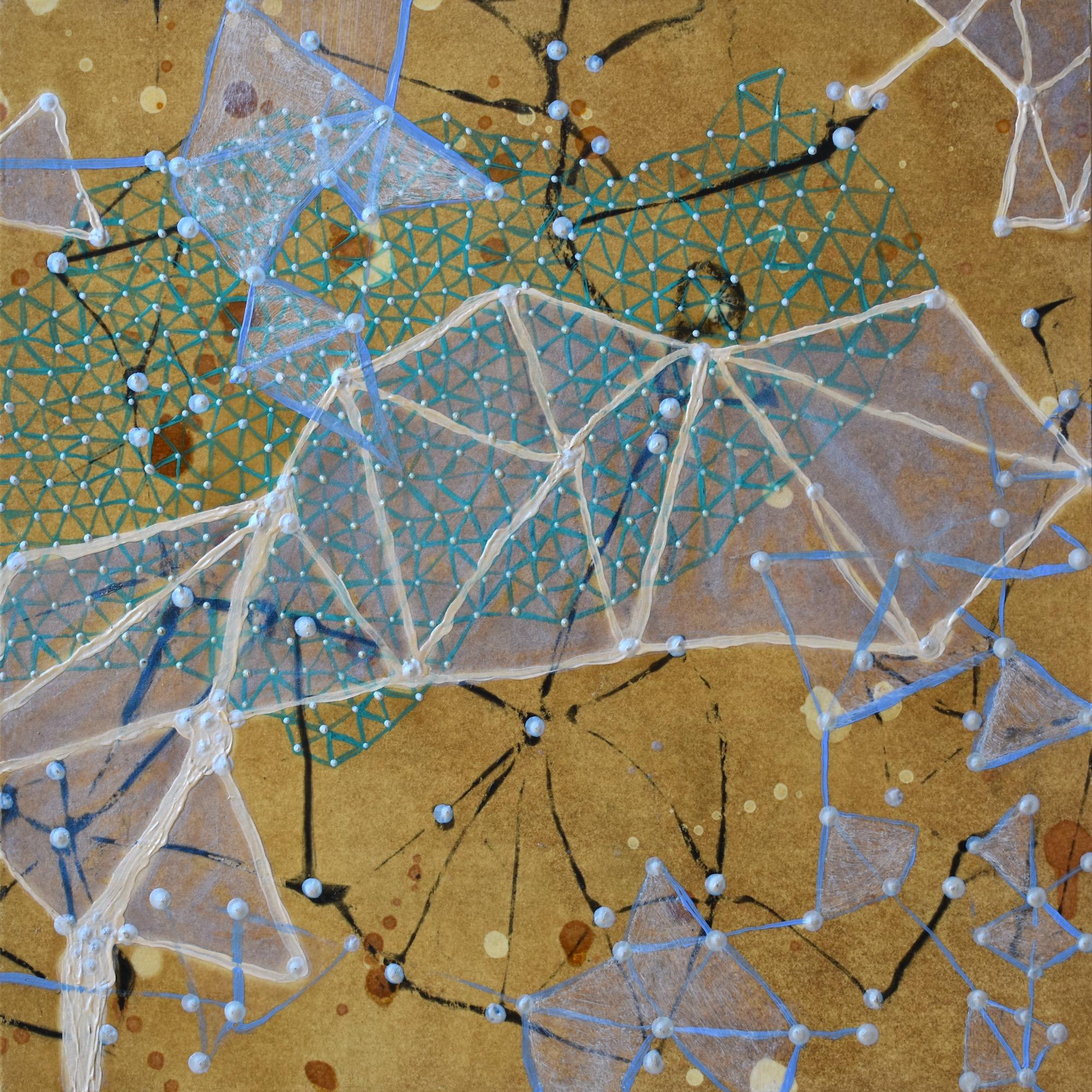 "Inner:Outer 5", abstrait, brown, teal, blue, mixed media, painting - Painting de Denise Driscoll