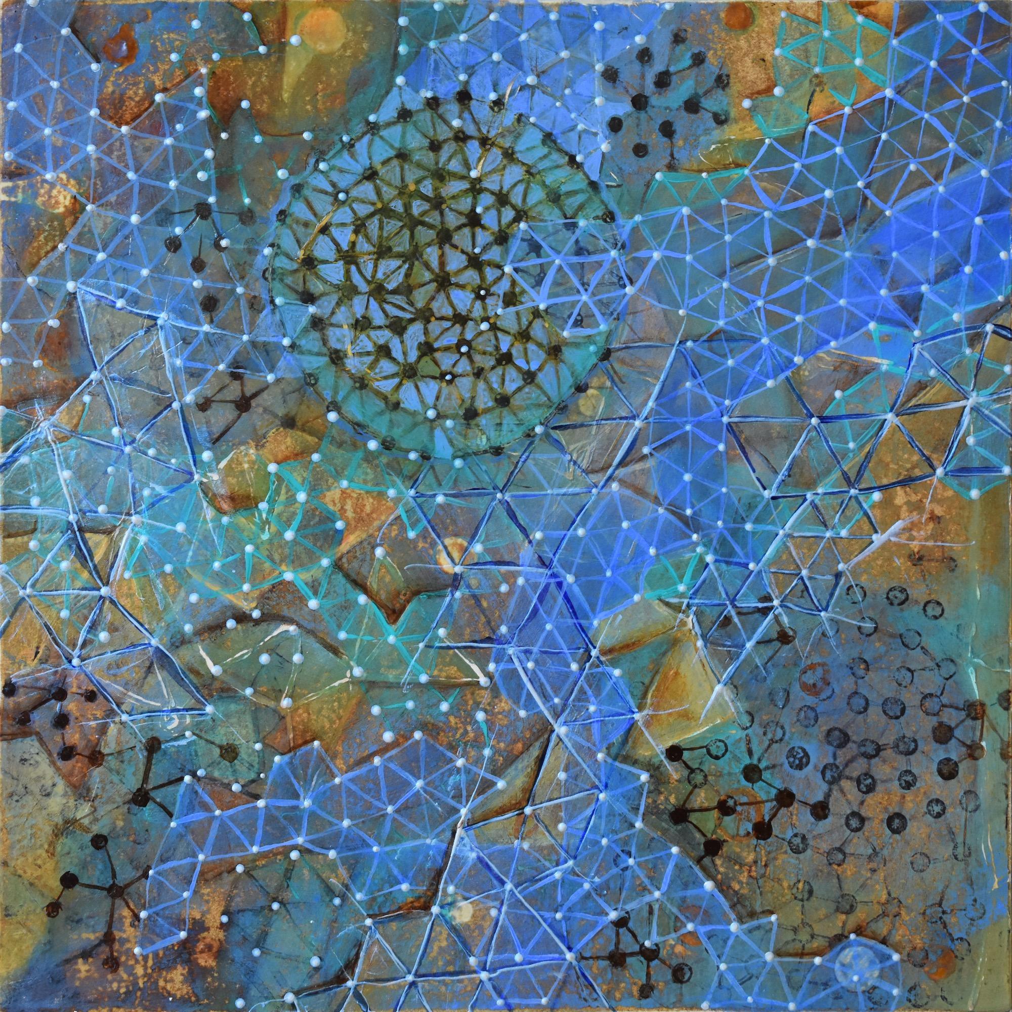 Denise Driscoll Abstract Painting - "Inner:Outer 6", mixed media, painting, abstract, brown, teal, blue