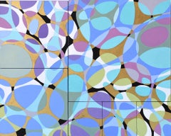 "Interazione 2", astratto, metallizzato, blu, verde, oro, pittura acrilica